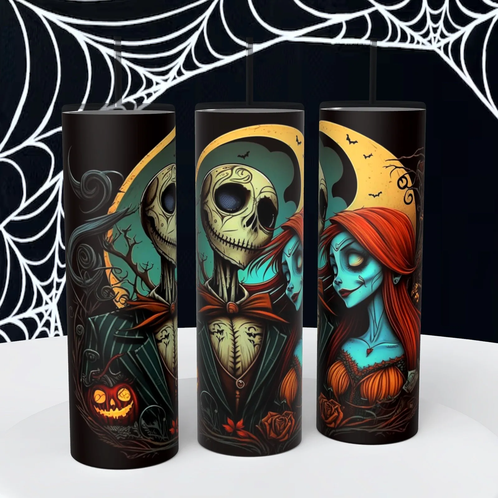 Jack And Sally Pumpkins Halloween Skeleton On 20 Oz Tumbler Insulated Coffee Cup