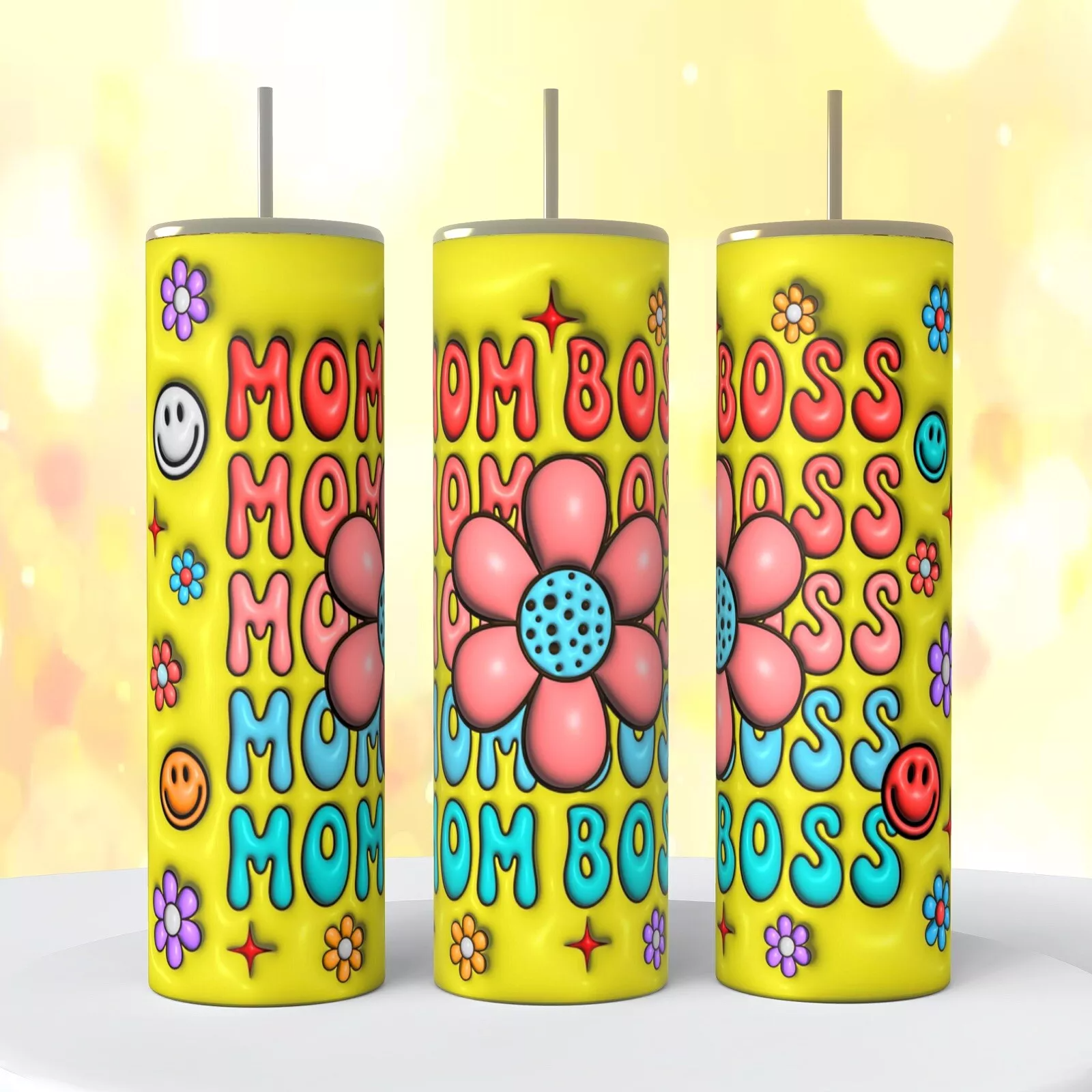 Mom Boss Retro Flowers Puffy Look Image On A 20 Oz Tumbler Insulated Coffee Cup