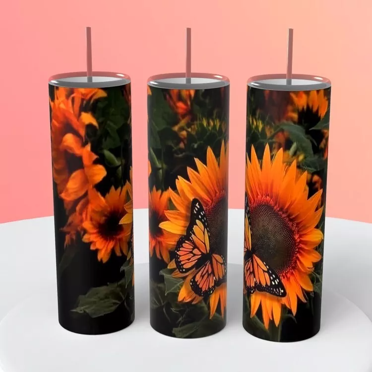 Monarch Butterfly And Sunflowers Tumbler 20 Ounce Insulated Coffee Cup