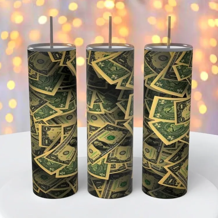 Money Currency Dollar Bills On A 20 Ounce Tumbler Insulated Coffee Cup