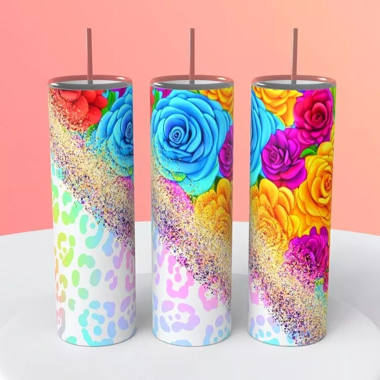 Multicolor Roses Glitter Cheetah On A 20 Ounce Tumbler Insulated Coffee Cup