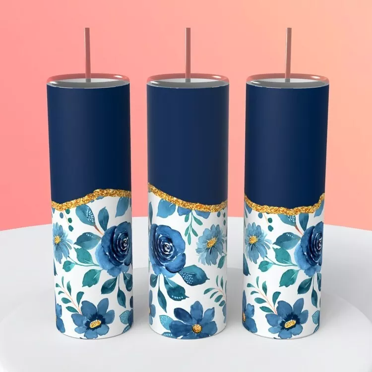 Navy Blue Flowers Personalize It! On A 20 Ounce Tumbler Insulated Coffee Cup