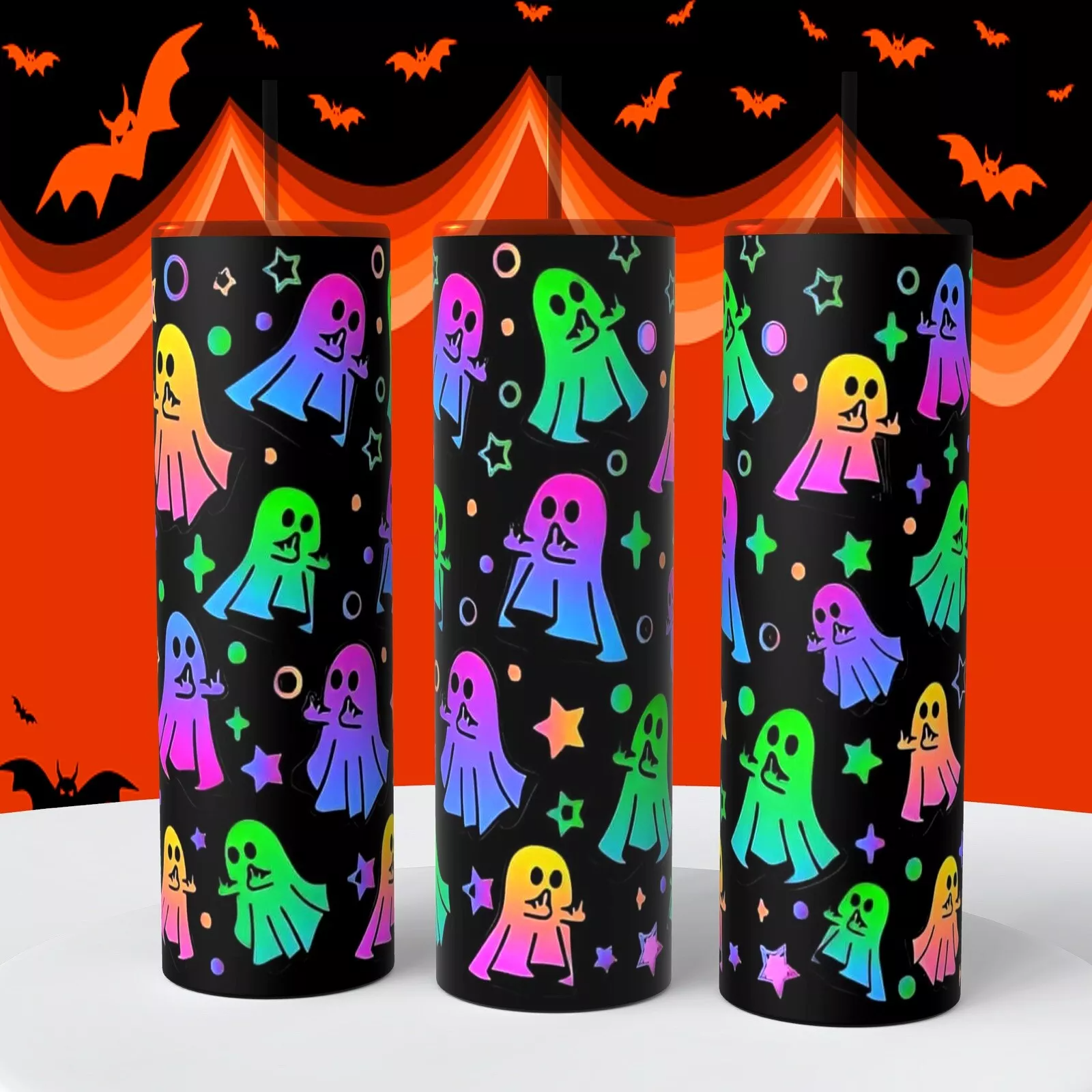 Neon Ghosts Multicolor Halloween On 20 Oz Tumbler Insulated Coffee Cup