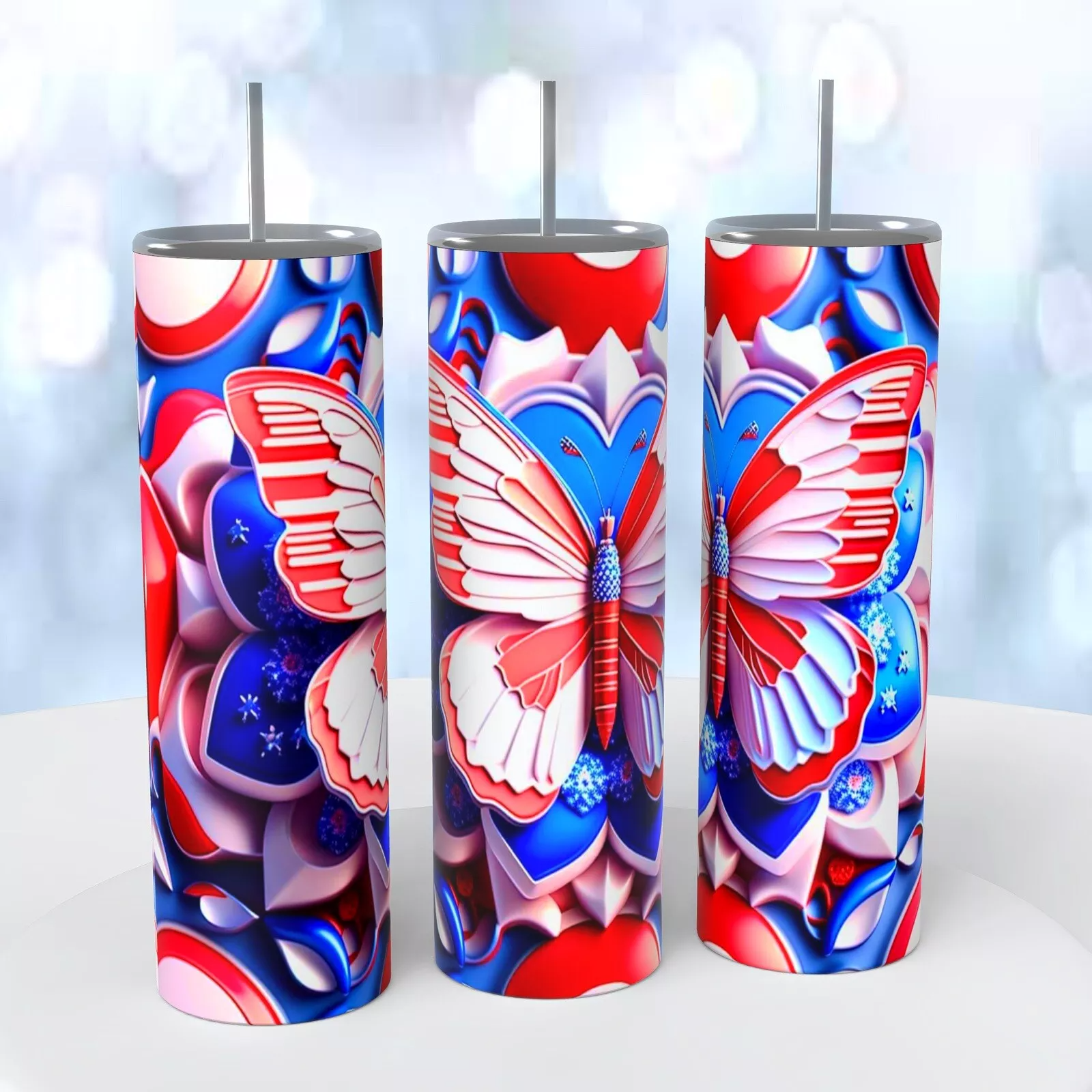 Patriotic Butterfly 4th July 3d Look On A 20 Ounce Tumbler Insulated Coffee Cup