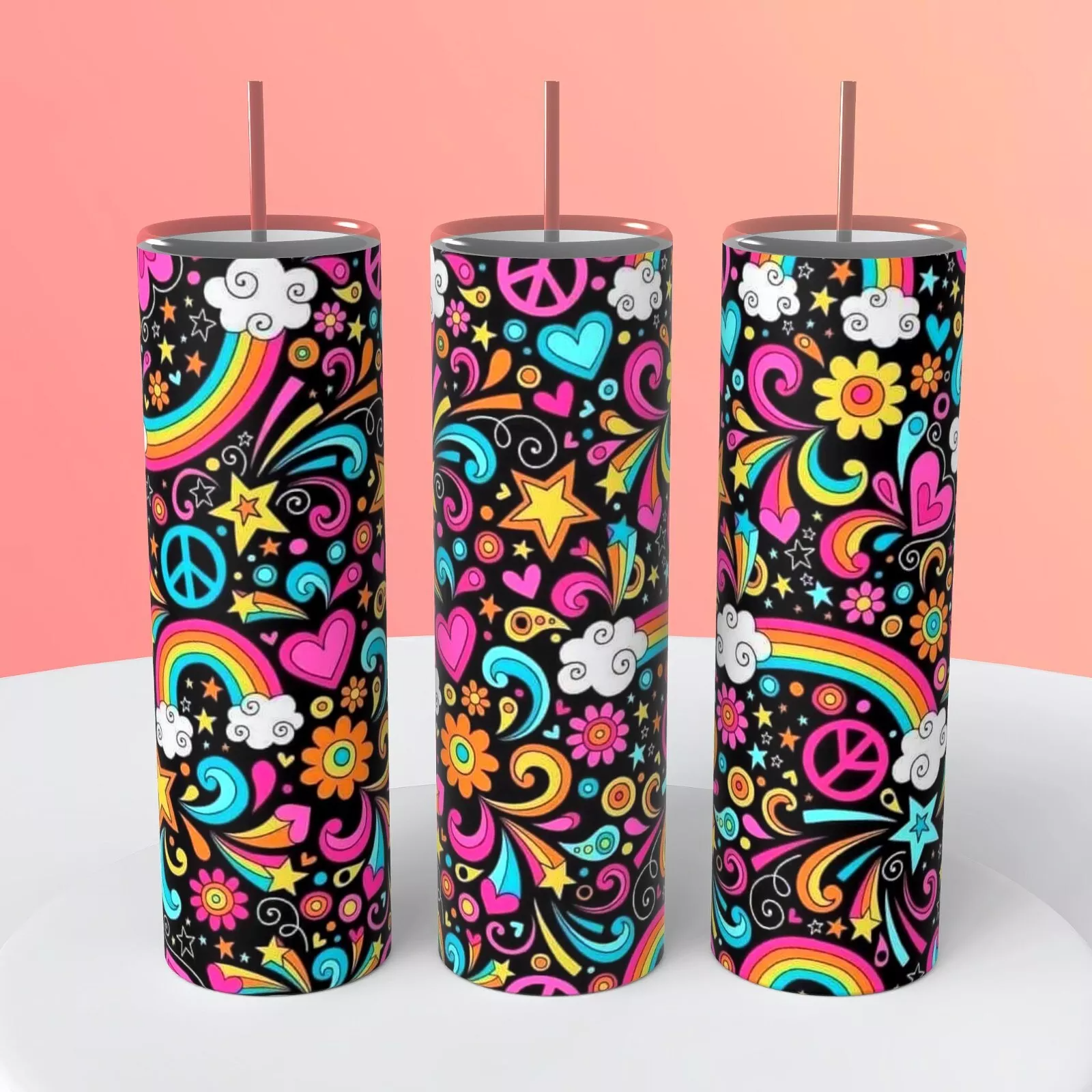 Peace Signs Rainbows Stars Hearts On A 20 Ounce Insulated Coffee Cup