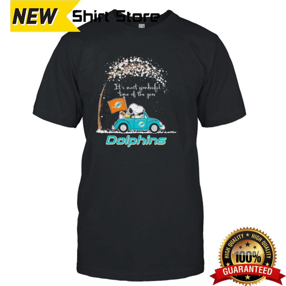 Peanuts Snoopy And Woodstock On Car Miami Dolphins It’s Most Wonderful Time Of The Year Shirt