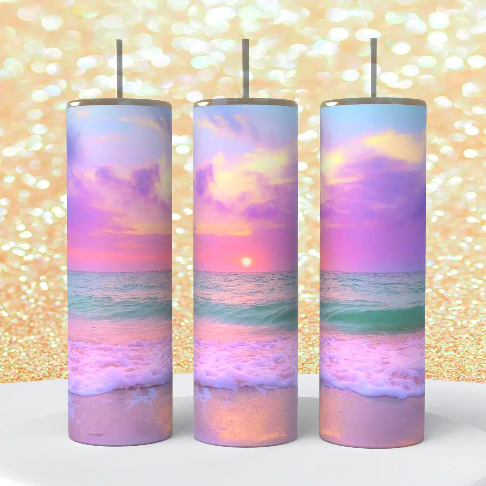 Pink Purple Beach Sunset Colorful On A 20 Ounce Tumbler Insulated Coffee Cup