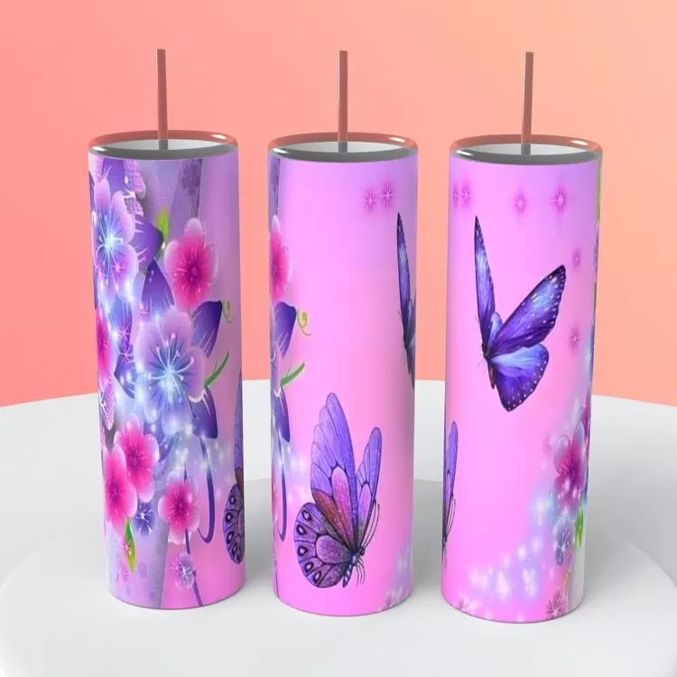 Purple Butterflies And Flowers Tumbler 20 Ounce Insulated Coffee Cup