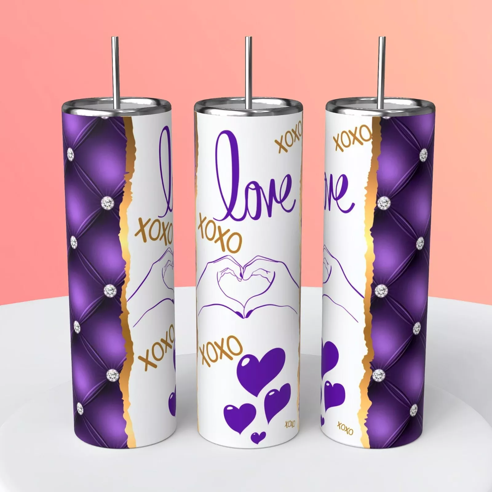 Purple Hearts Valentine's Love Xoxo On A 20 Ounce Tumbler Insulated Coffee Cup