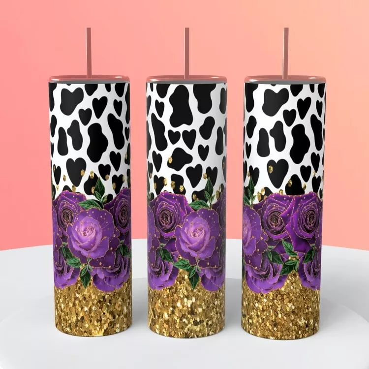 Purple Roses Cheetah Print Gold Glitter Look On A 20 Ounce Insulated Coffee Cup