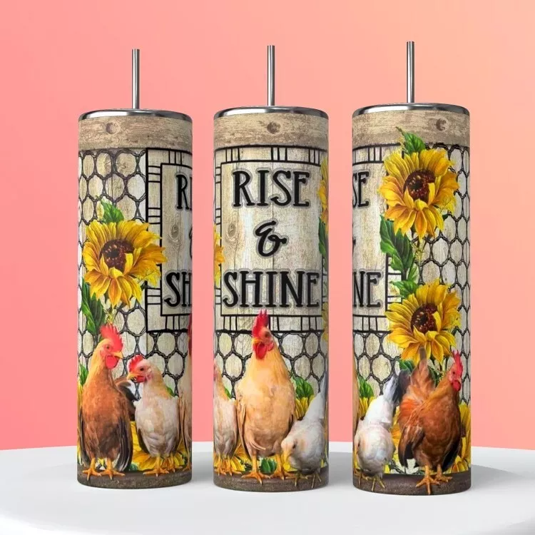 Rise And Shine Chickens Sunflowers On A 20 Ounce Insulated Coffee Cup