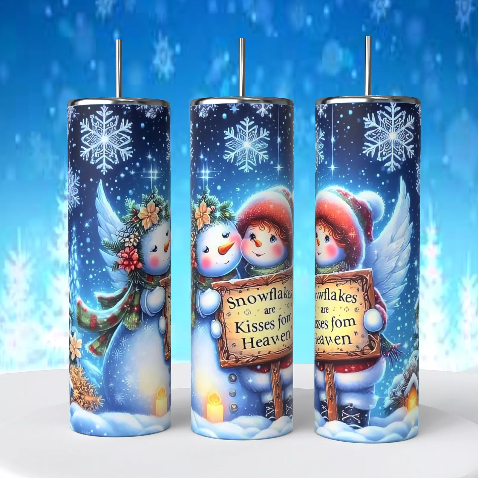 Snowmen Snowflakes Are Kisses From Heaven 20 Oz Tumbler Insulated Coffee Cup