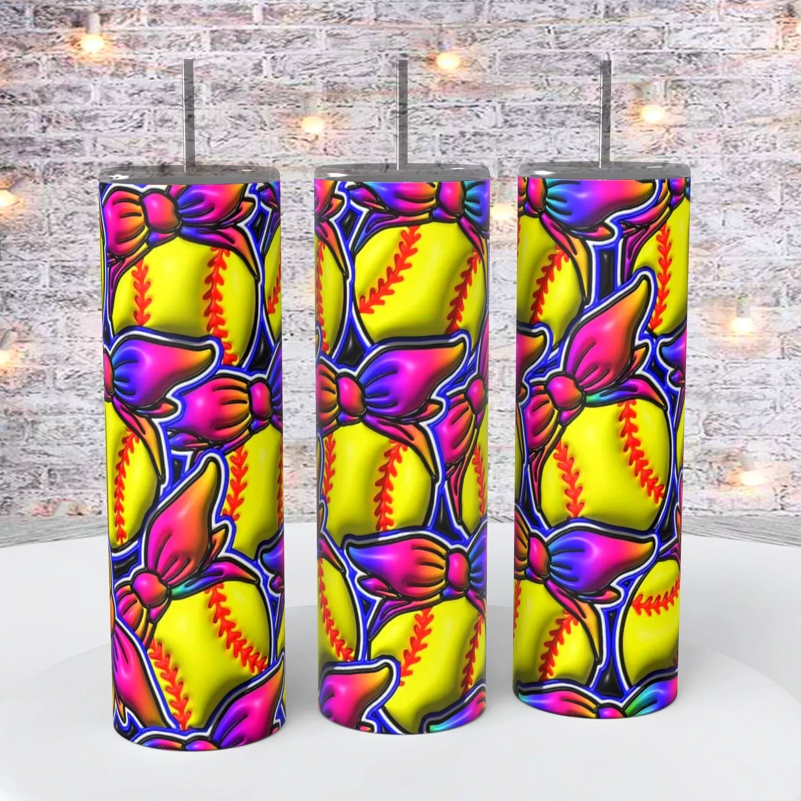 Softball Puffed Inflated Look On A 20 Oz Tumbler Insulated Coffee Cup