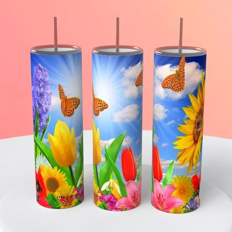 Spring Butterflies And Flowers Tumbler 20 Ounce Insulated Coffee Cup Tulips