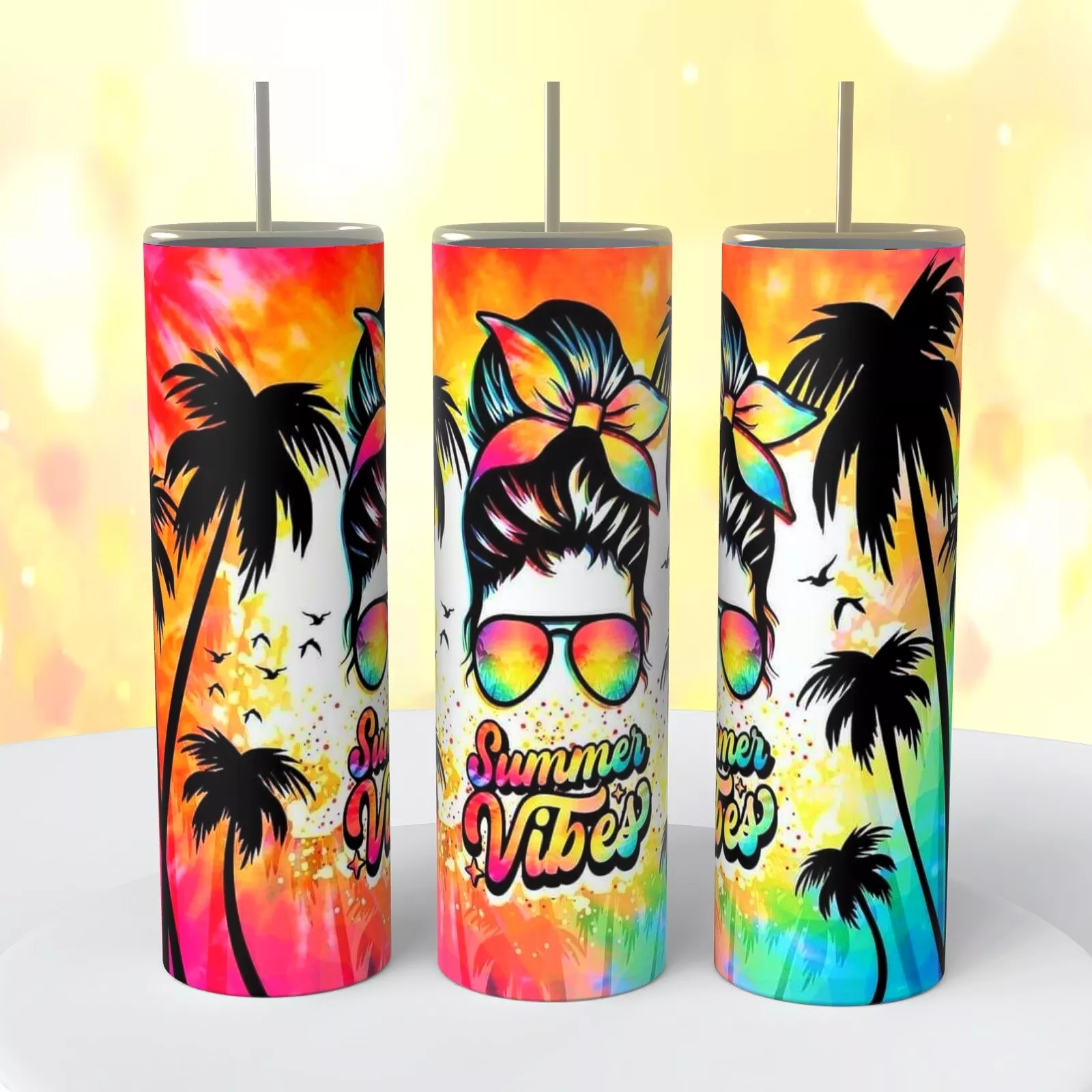 Summer Vibes Messy Bun Sunshine On A 20 Ounce Tumbler Insulated Coffee Cup