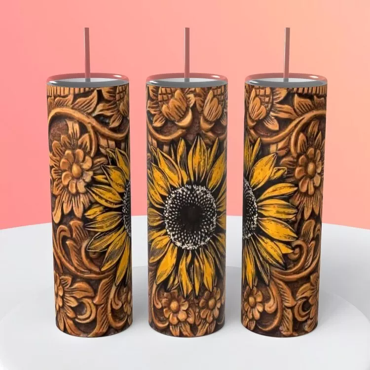 Sunflower On Tooled Embossed Leather On A 20 Ounce Tumbler Insulated Coffee Cup