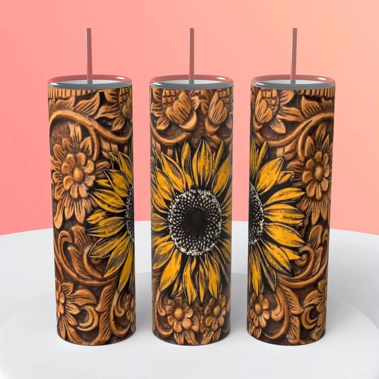 Sunflower Tooled Leather Look 20 Ounce Sublimated Tumbler Insulated Coffee Cup