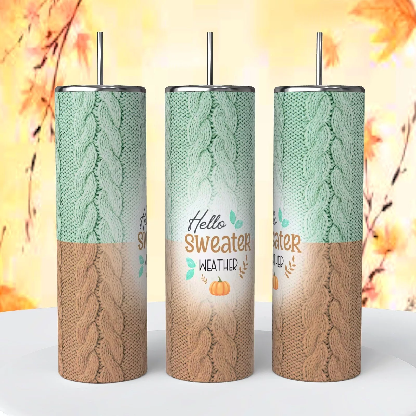 Sweater Weather Cable Knit Green Tan On 20 Oz Tumbler Insulated Coffee Cup