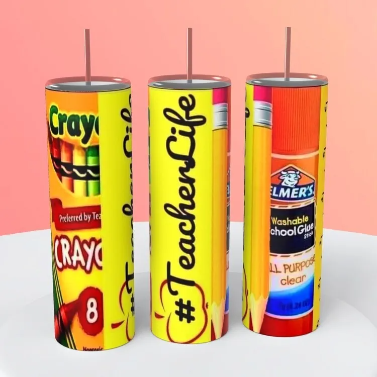 Teacher Life Crayons Glue Pencils 20 Ounce Sublimated Tumbler Insulated Cup