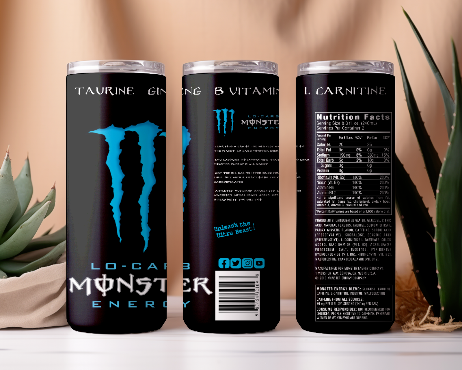 Tumbler 20oz Stainless Steel Monster Energy Lo - Carb