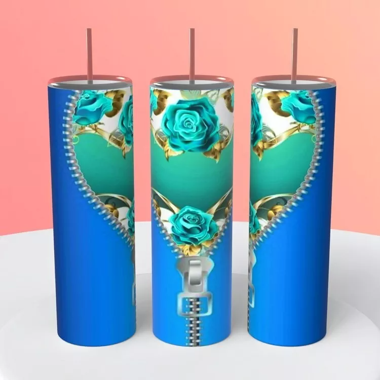 Turquoise Roses Zippered In Blue 20 Oz Sublimated Tumbler Coffee Cup Insulated