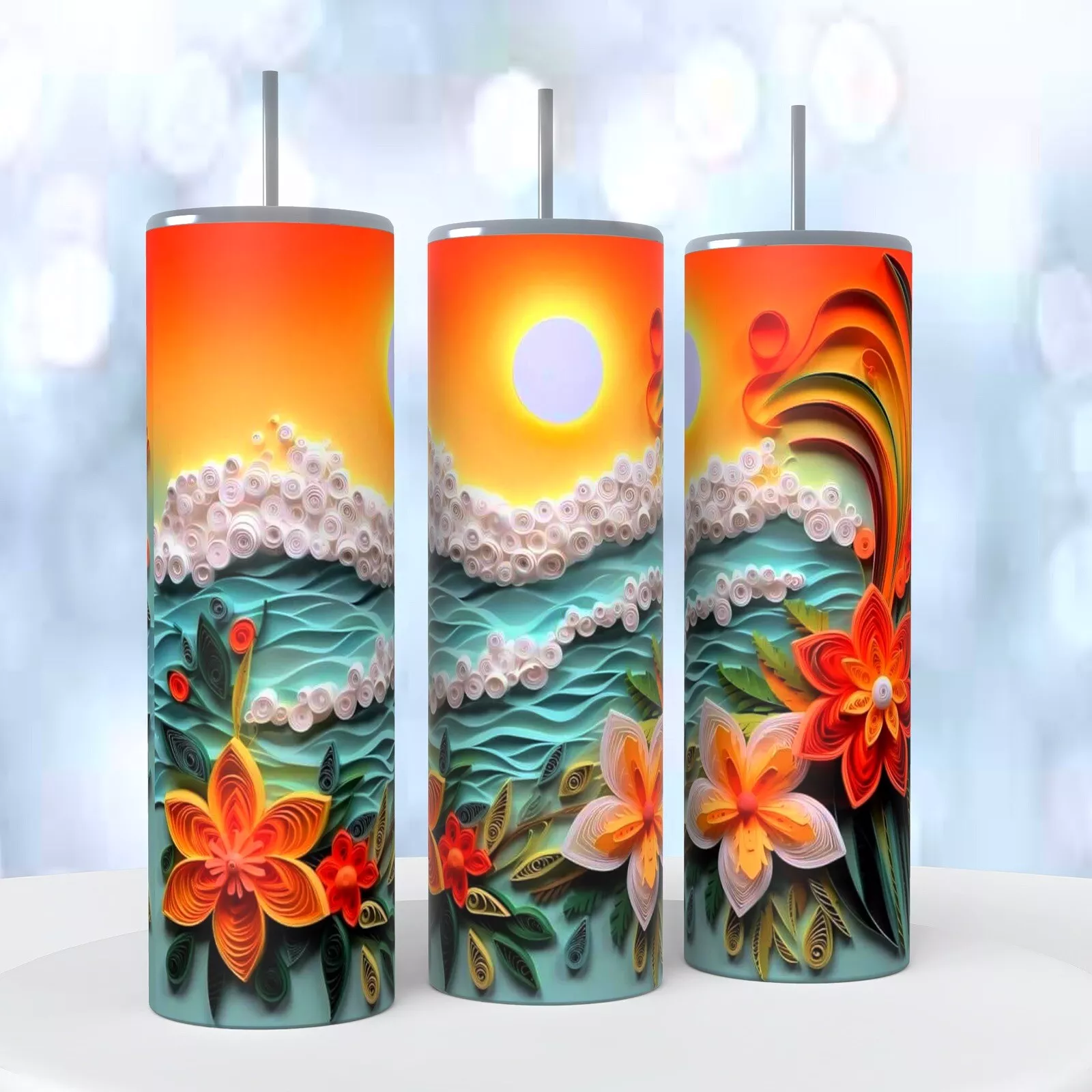 3d Beach Sunset Waves Tumbler 20 Ounce Insulated Coffee Cup Flowers Quilling