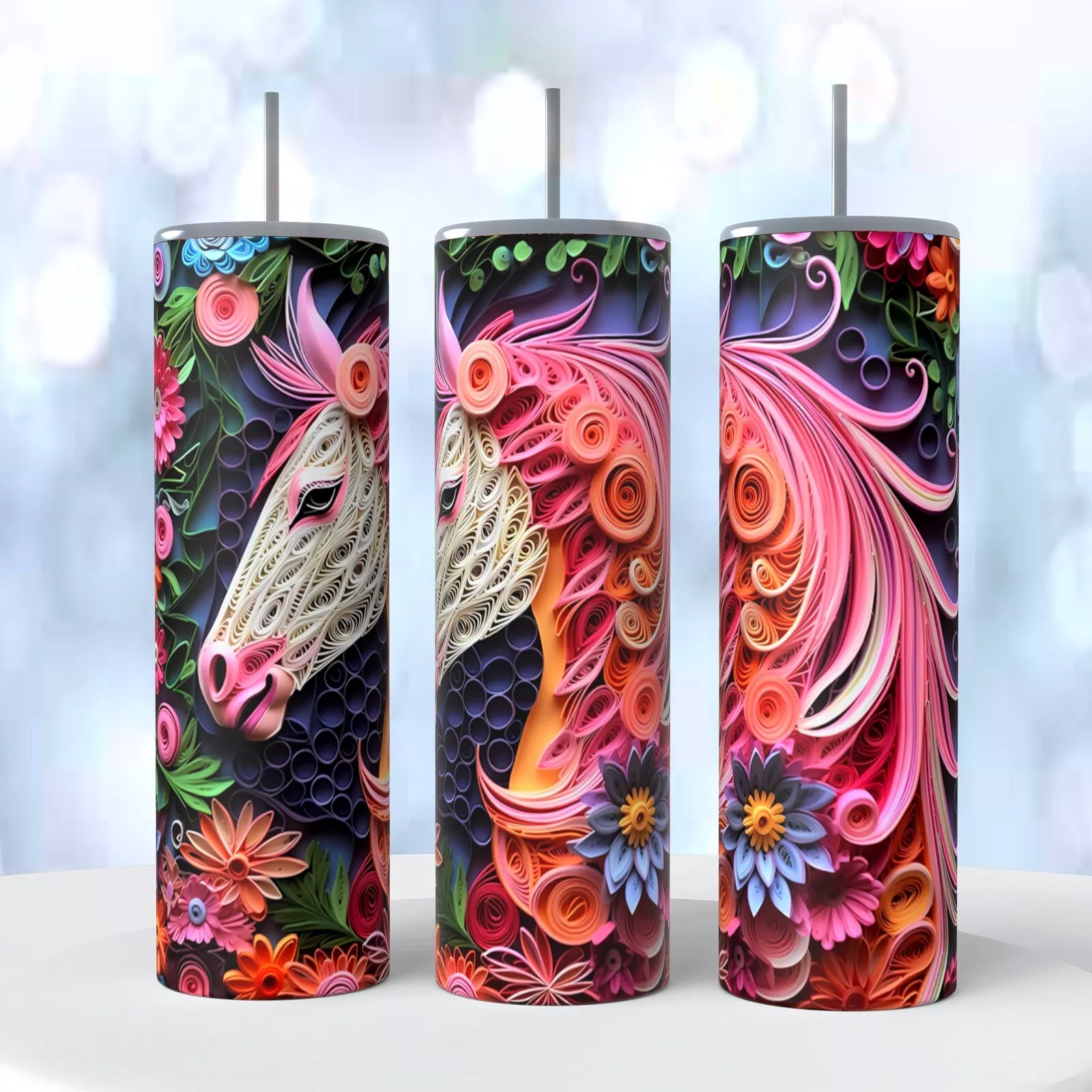 3d Beautiful Unicorn Tumbler 20 Ounce Insulated Coffee Cup Flowers Quilling