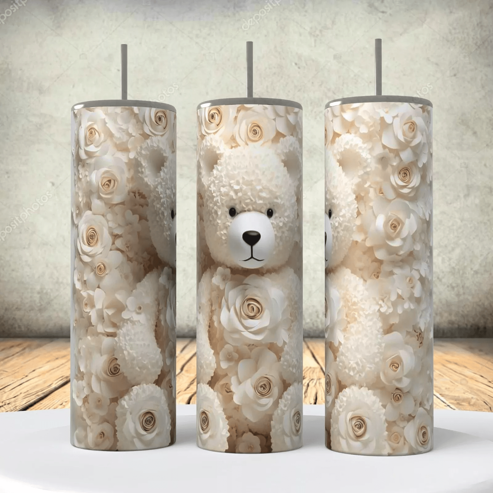 3d Look White Teddy Bear Flowers Tumbler 20 Ounce Insulated Coffee Cup