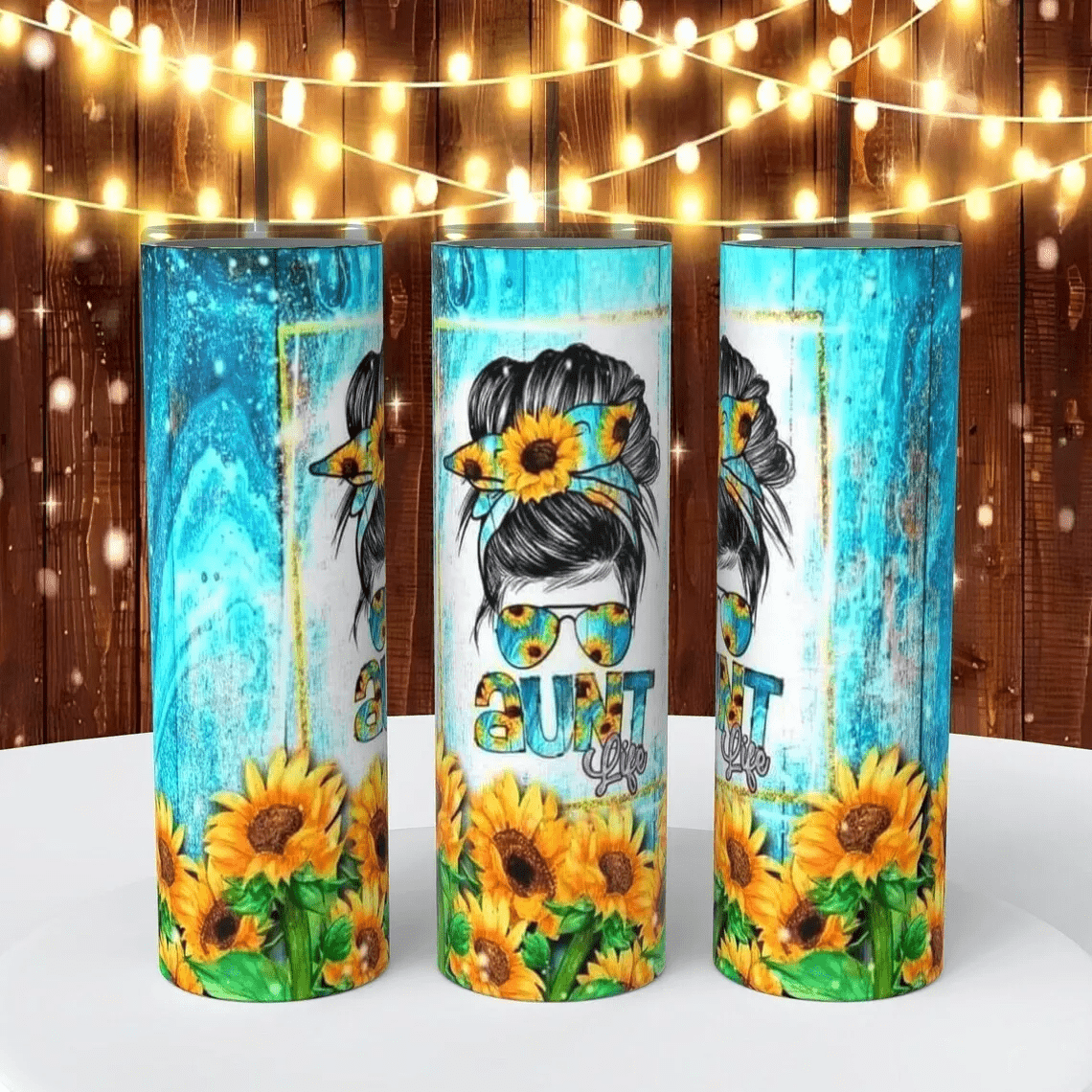 Aunt Life Sunflowers Messy Bun 20 Oz Sublimated Tumbler Coffee Cup Insulated