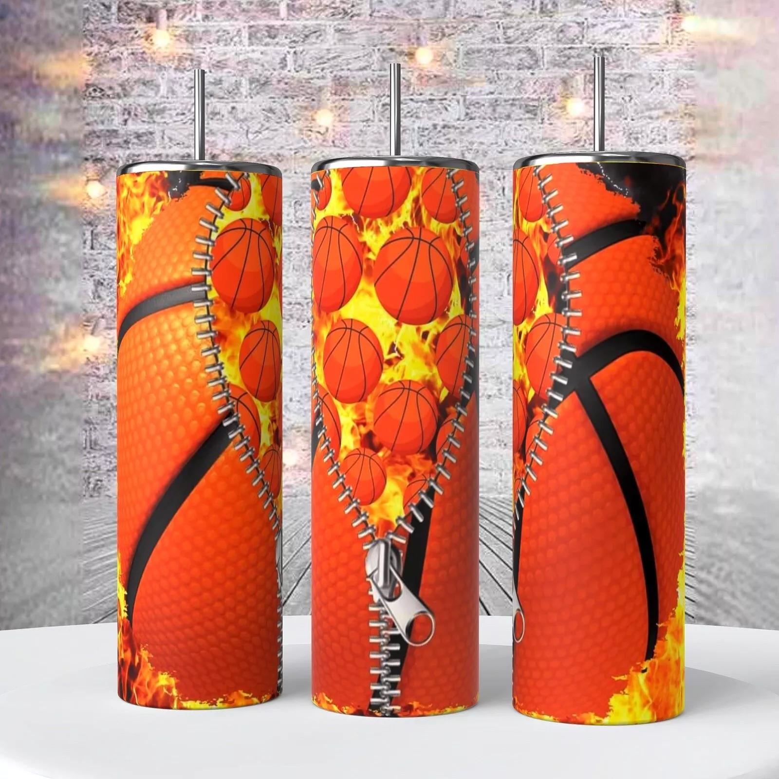 Basketball Zipper Flames In A 20 Oz Tumbler Insulated Coffee Cup