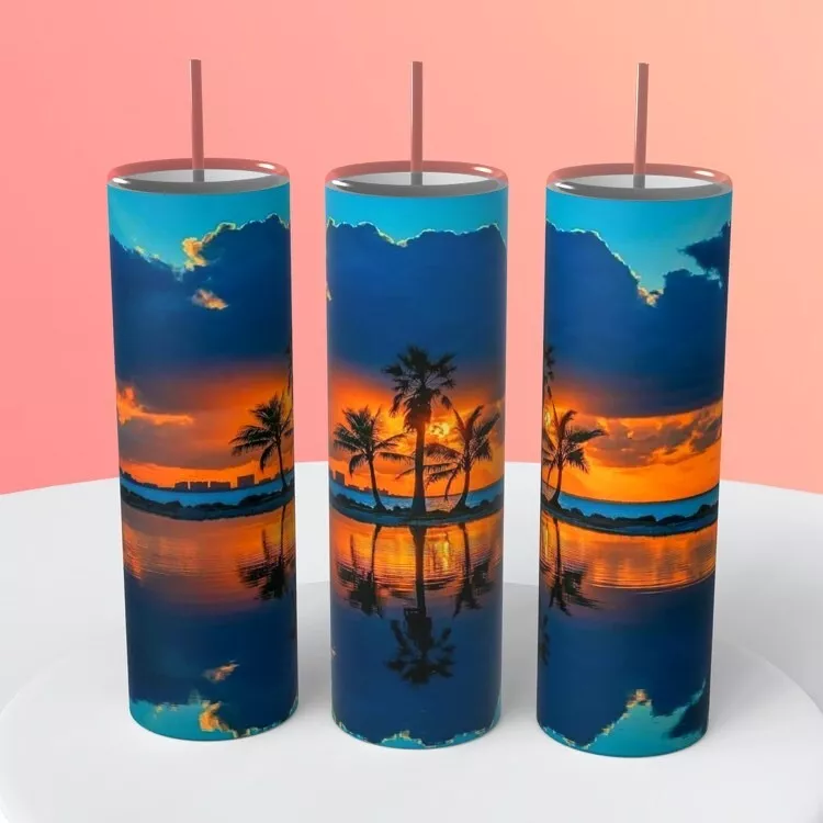 Beach Scene Palm Trees Sunset Tumbler 20 Ounce Insulated Coffee Cup