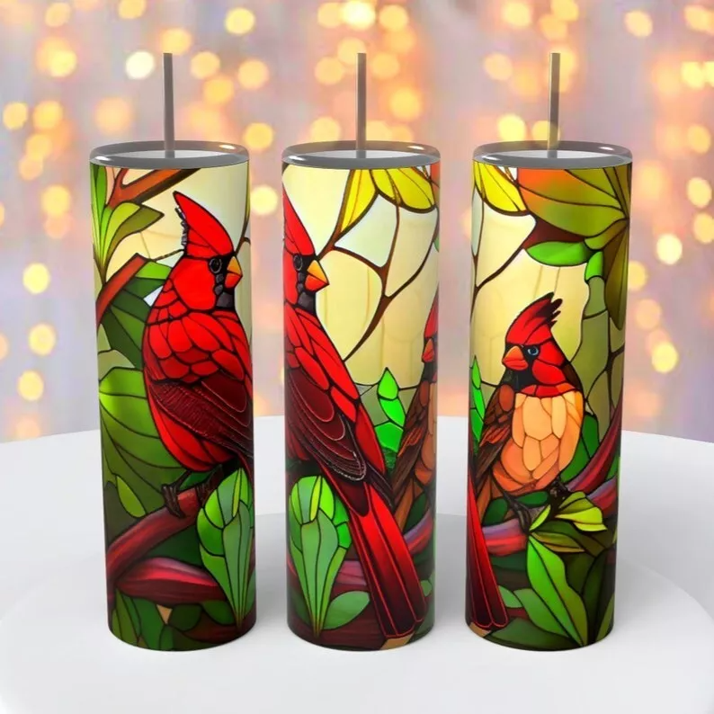 Cardinal Bird Stained Glass Tumbler 20 Ounce Insulated Coffee Cup