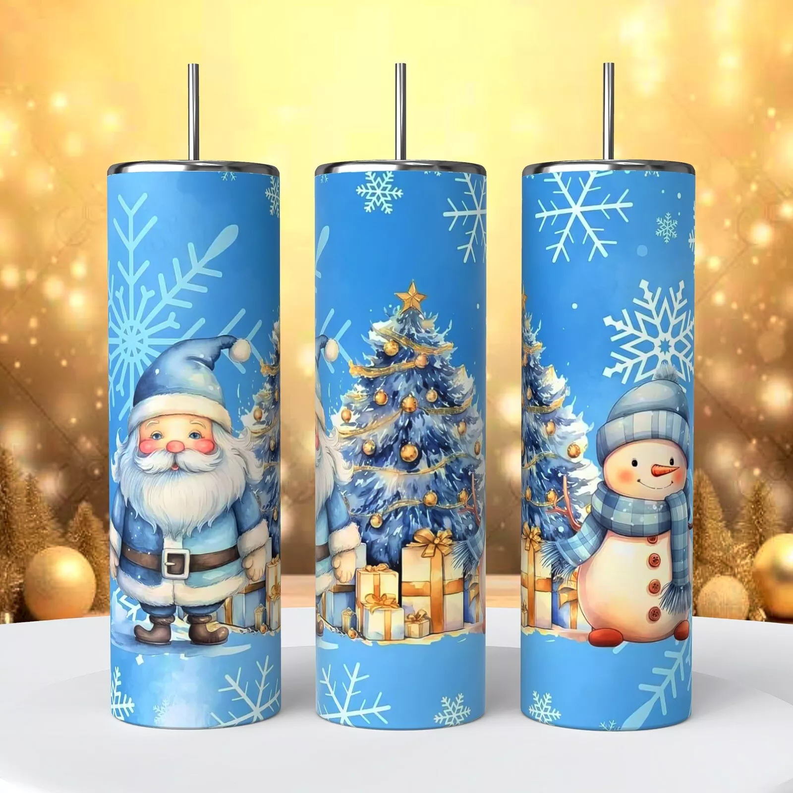 Christmas Santa Snowman Tree Blue Winter 20 Oz Tumbler Insulated Coffee Cup