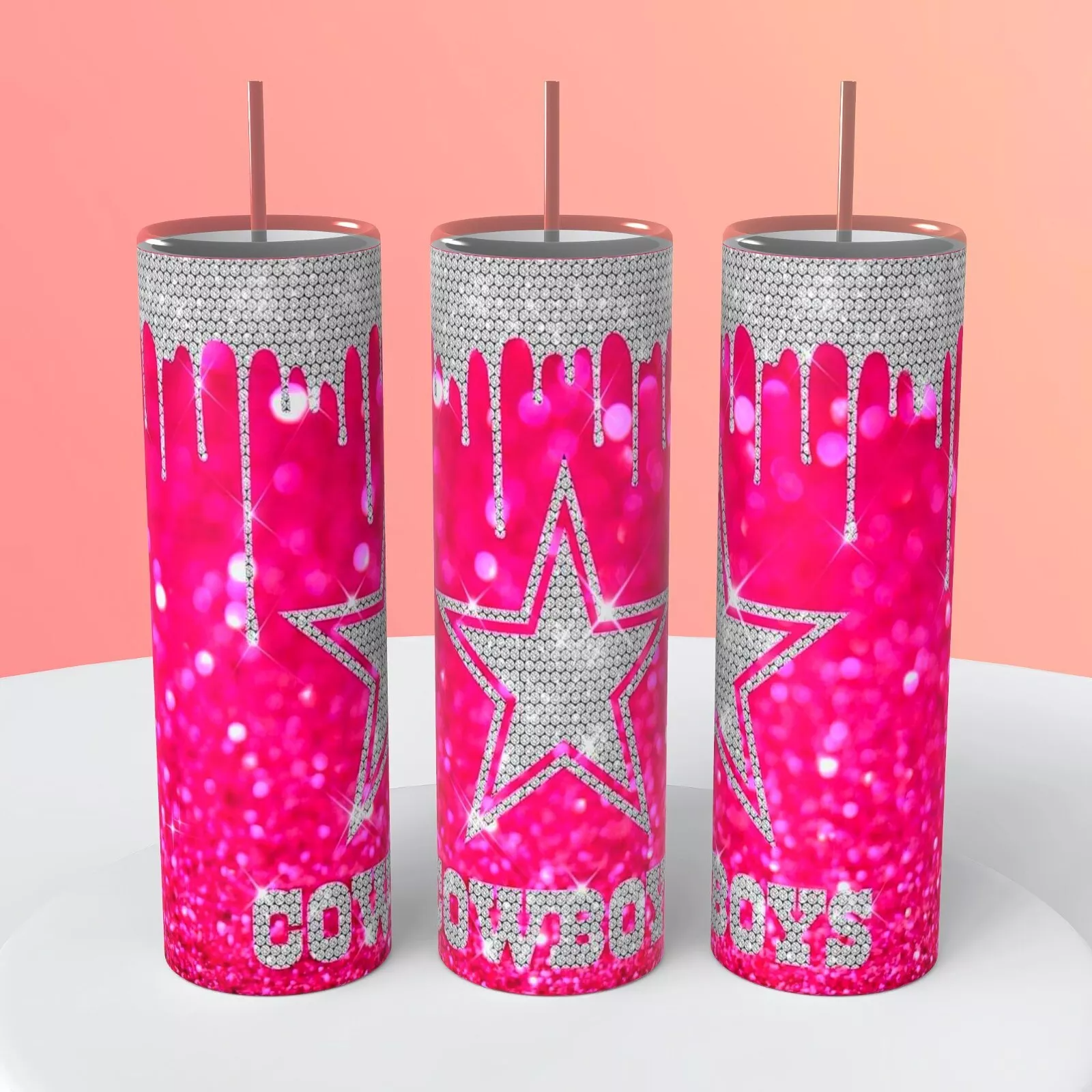 Dallas Cowboys Pink Rhinestone Drip On A 20 Ounce Tumbler Insulated Coffee Cup