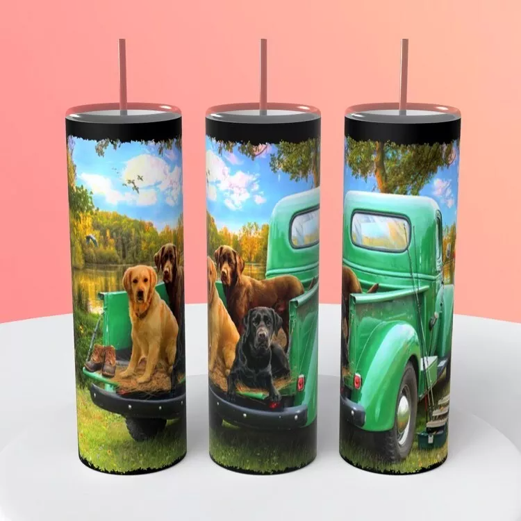 Dog Labrador Retrievers On Old Truck On A 20 Ounce Tumbler Insulated Coffee Cup