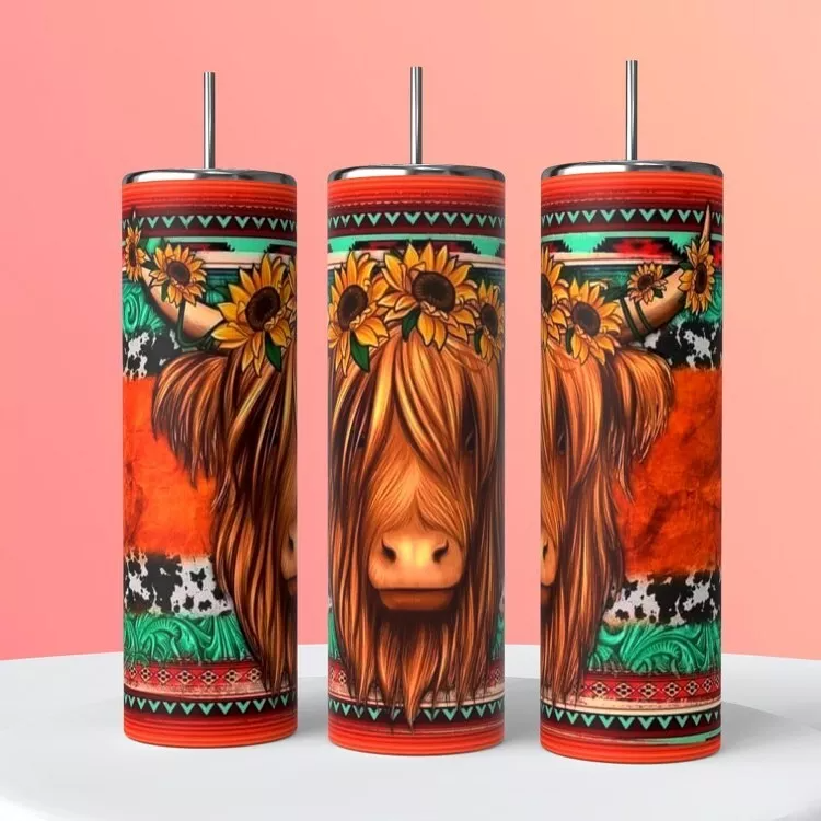 Highland Cow Sunflowers Aztec On A 20 Ounce Tumbler Insulated Coffee Cup