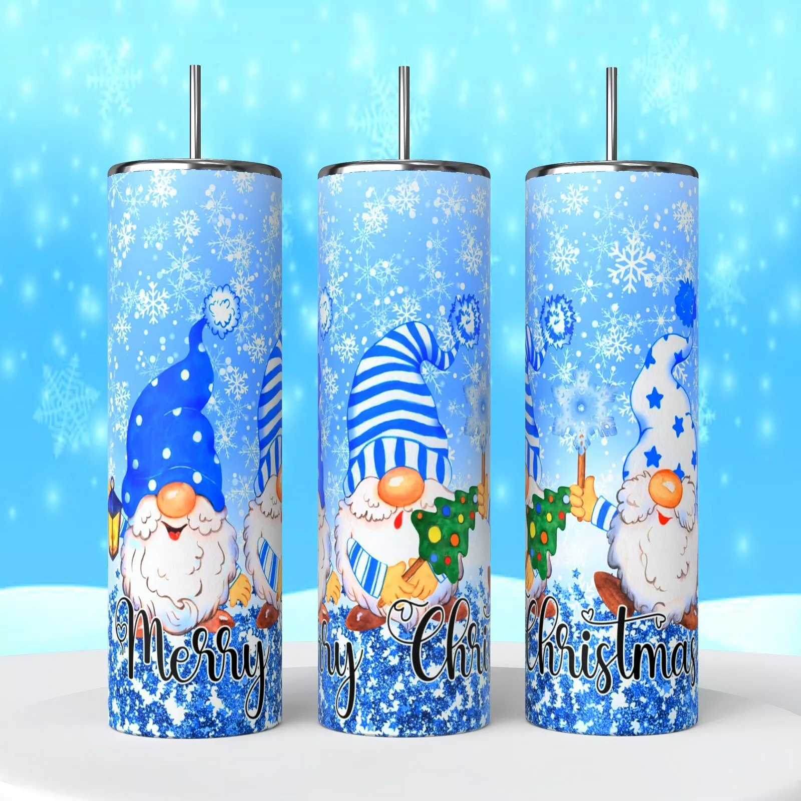 Merry Christmas Snowy Blue Gnomes On 20 Oz Tumbler Insulated Coffee Cup