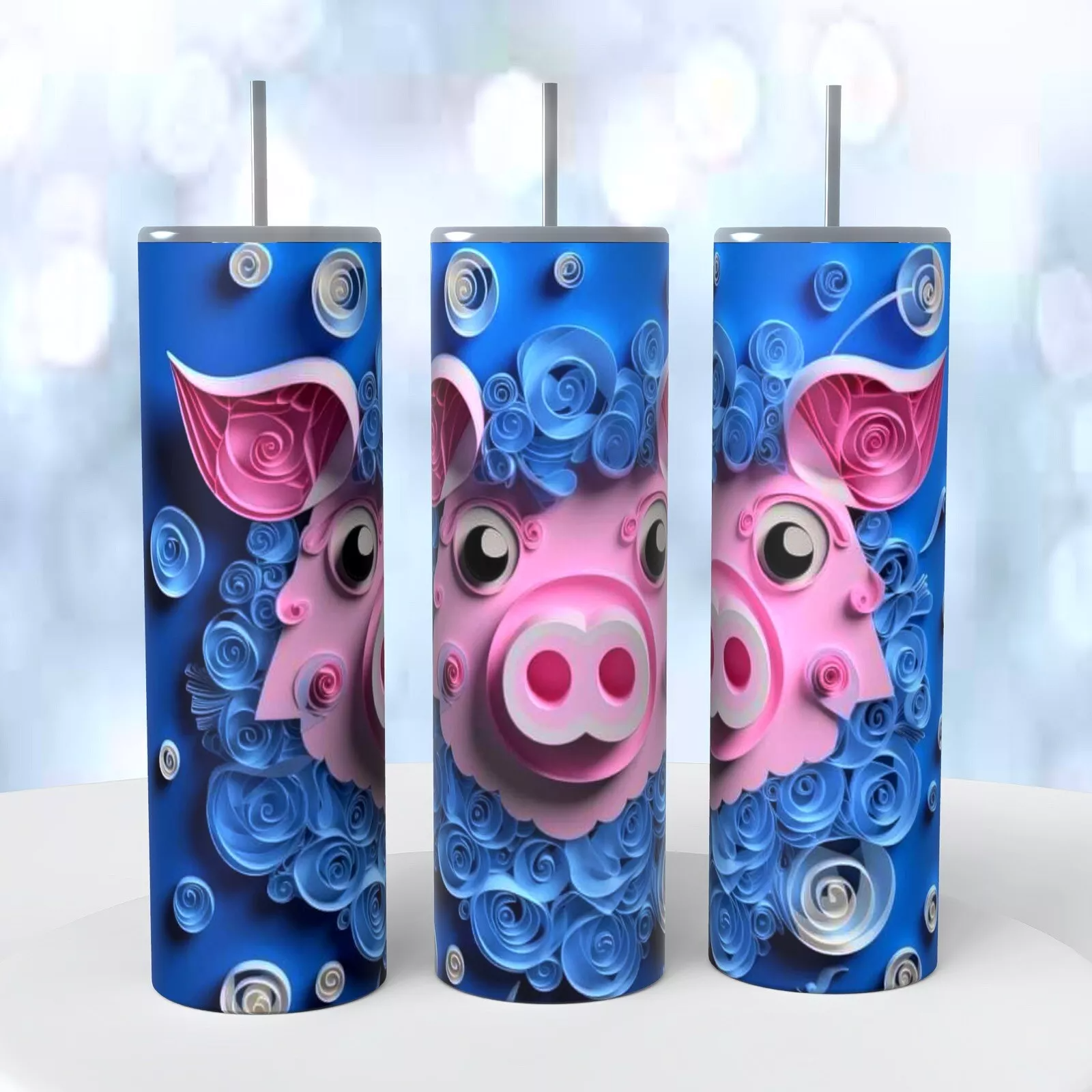 Pink Pig Paper Quilling 3d Look On A 20 Ounce Tumbler Insulated Coffee Cup