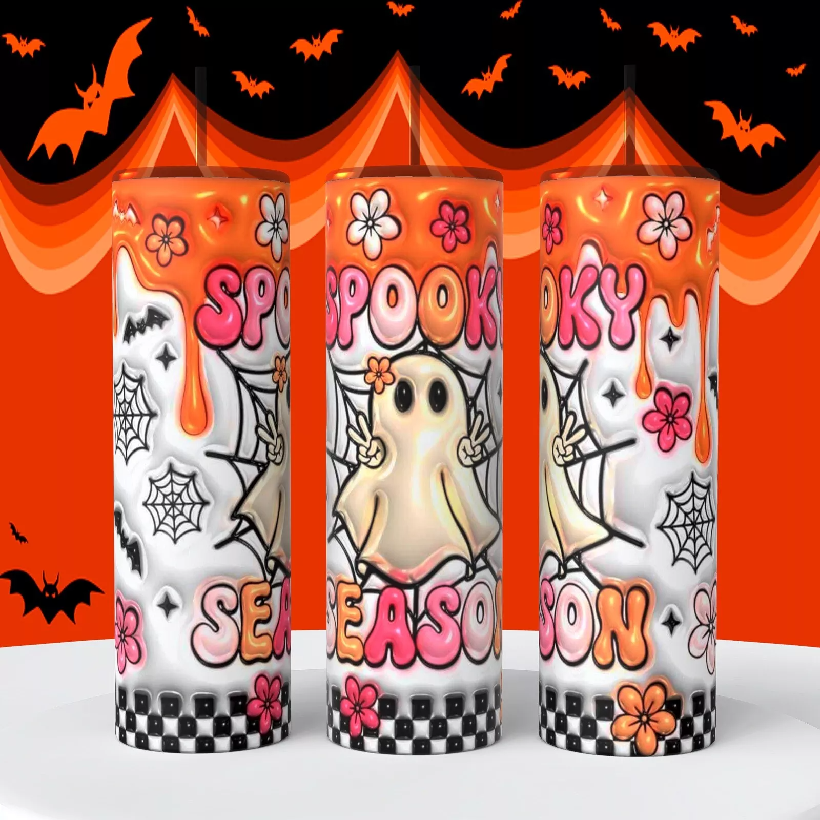 Puffy Spooky Season Cute Ghost Halloween On 20 Oz Tumbler Insulated Coffee Cup