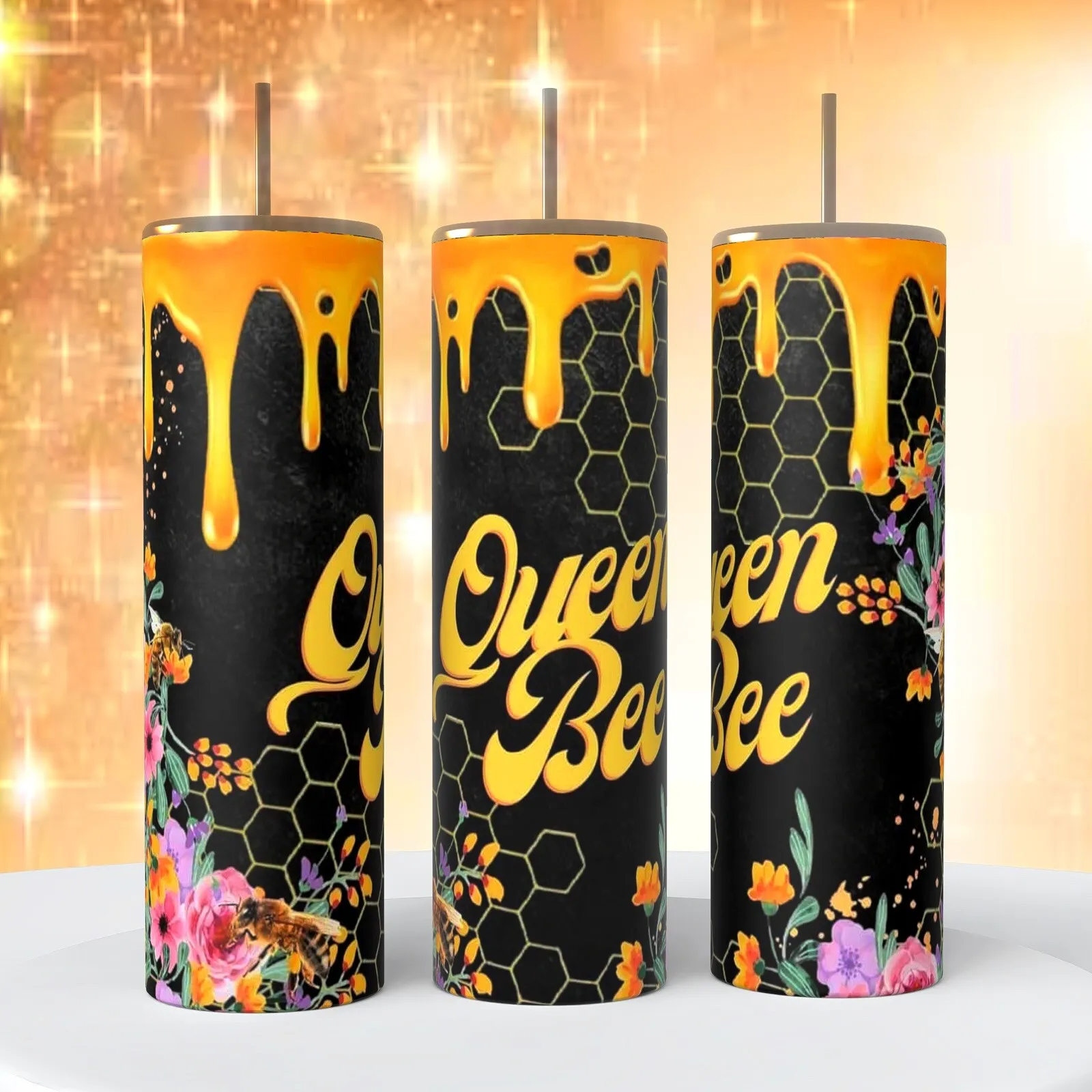 Queen Bee Honeycomb Flowers On 20 Oz Tumbler Insulated Coffee Cup