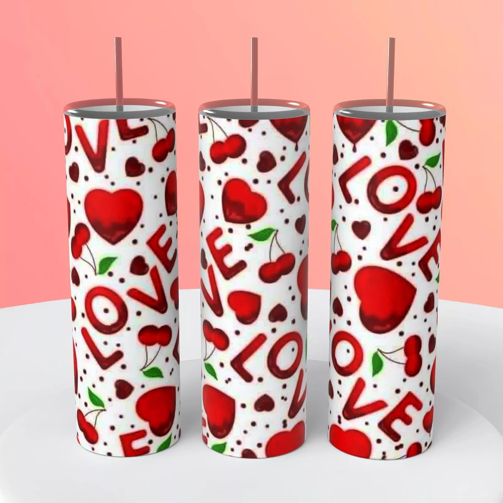 Red Cherries Hearts Valentine's Love On A 20 Ounce Tumbler Insulated Coffee Cup