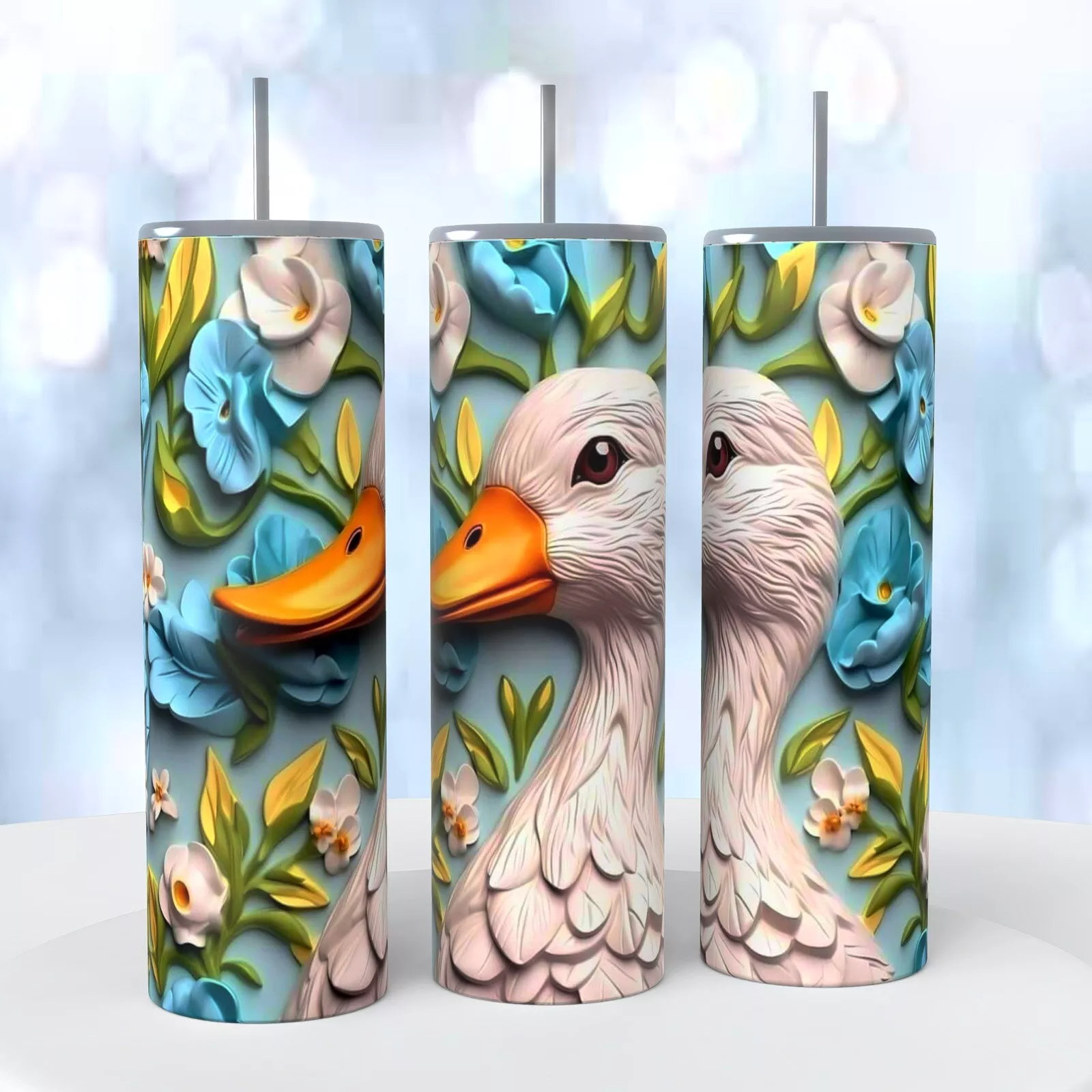 White Pekin Duck Blue Flowers 3d Look On A 20 Ounce Tumbler Insulated Coffee Cup