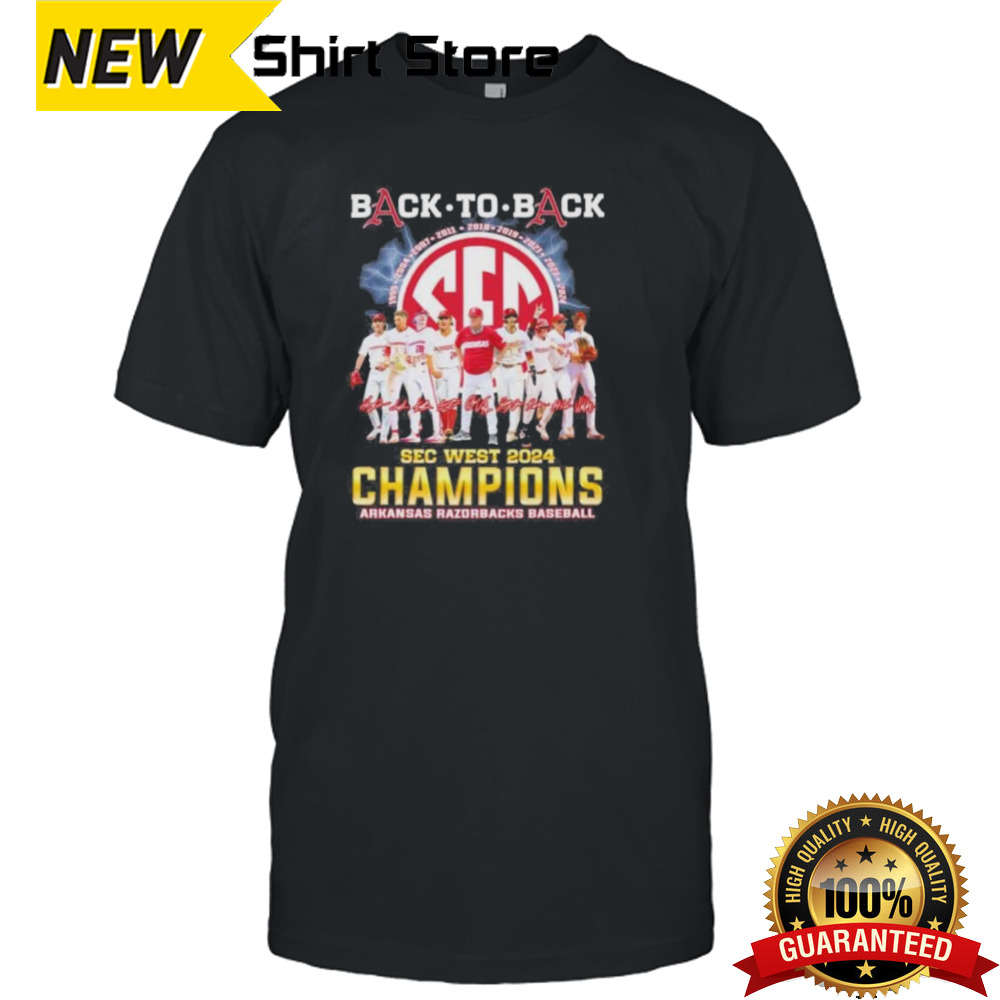 Official Arkansas Razorbacks Back To Back SEC West Baseball Champions 2024 Signatures Shirt