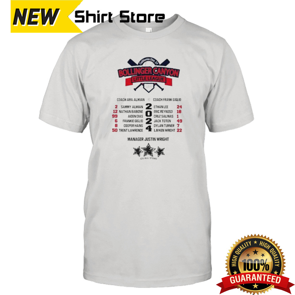 California District 57 Bollinger Canyon Little League Manager Justin Wright Shirt