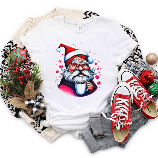 Black and White Drawing of Santa Claus with Coffee Cup and Festive Atmosphere Unisex T-shirt & Sweatshirt