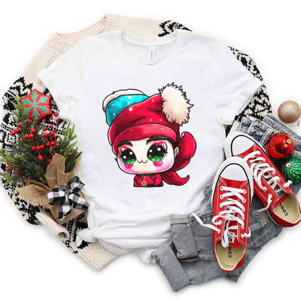 Cartoon Character with Red Hat and Green Eyes in front of Christmas Tree Unisex T-shirt & Sweatshirt