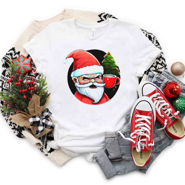 Cartoon Santa Claus with Iced Coffee and Christmas Trees Unisex T-shirt & Sweatshirt