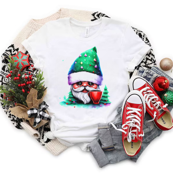 Cartoon gnome with red cup in front of trees Unisex T-shirt & Sweatshirt