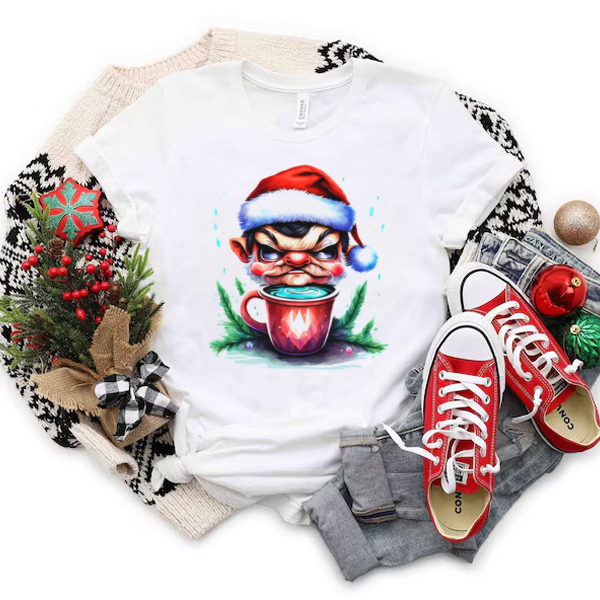 Promotional Cartoon of Angry Elf with Santa Hat Drinking Coffee Unisex T-shirt & Sweatshirt