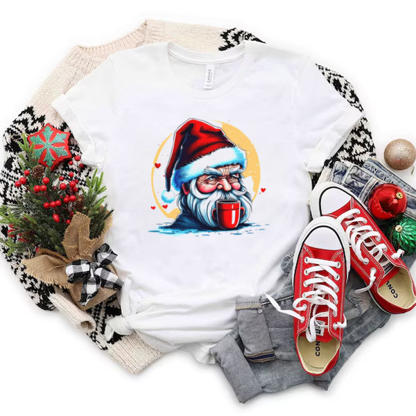 Serious Man with Santa Claus Hat and Coffee Mug Unisex T-shirt & Sweatshirt